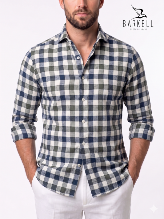 Camicia in Misto Lino Quadro Verde e Blu Fondo Bianco Collo Francese Cutaway