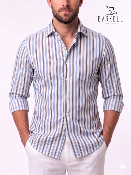 Camicia in Cotone Rigata Celeste e Nocciola Collo Francese