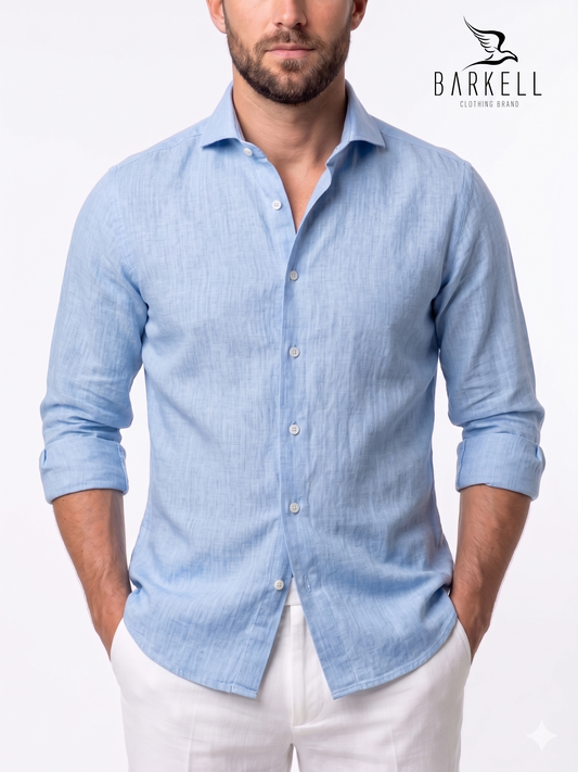 Light blue pure linen shirt with cutaway spread collar