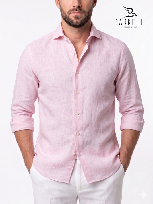 Light Pink Pure Linen Shirt with Cutaway Spread Collar