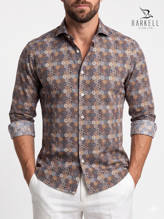 Camicia in Cotone Fantasia Azulejo Multicolore Fondo Coloniale Collo Francese Cutaway