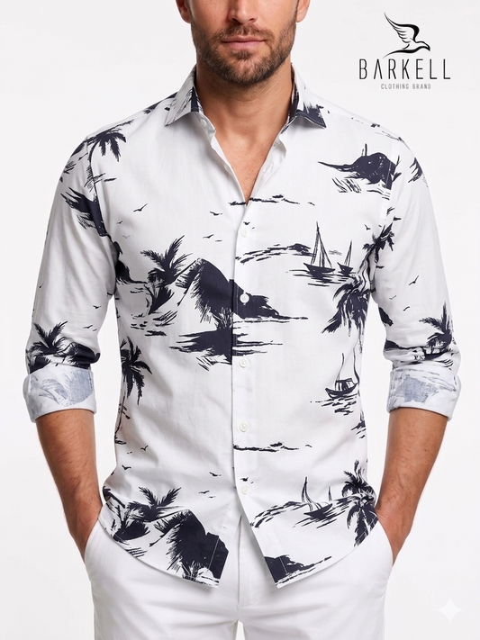 Camicia in Cotone Fantasia Palme Blu Fondo Bianco Collo Francese Piccolo