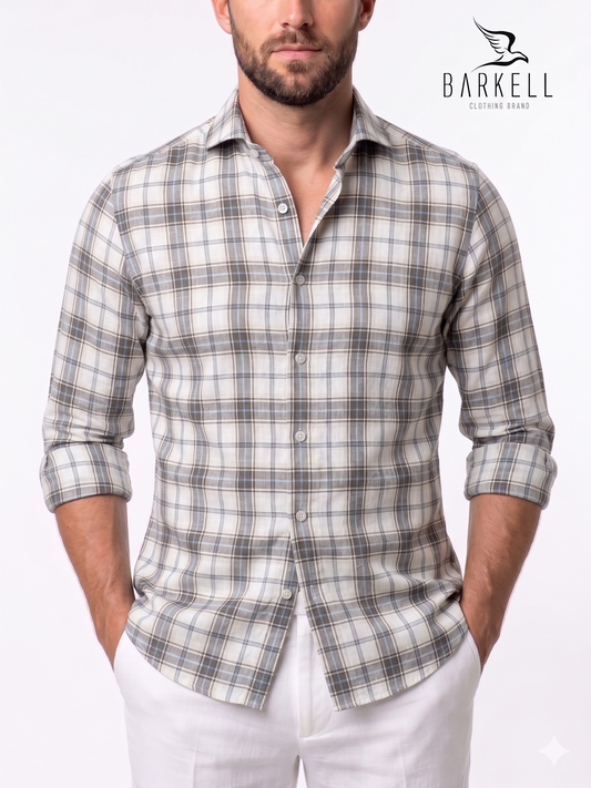 Camicia in Misto Lino Quadro Multicolore Fondo Bianco Collo Francese Cutaway