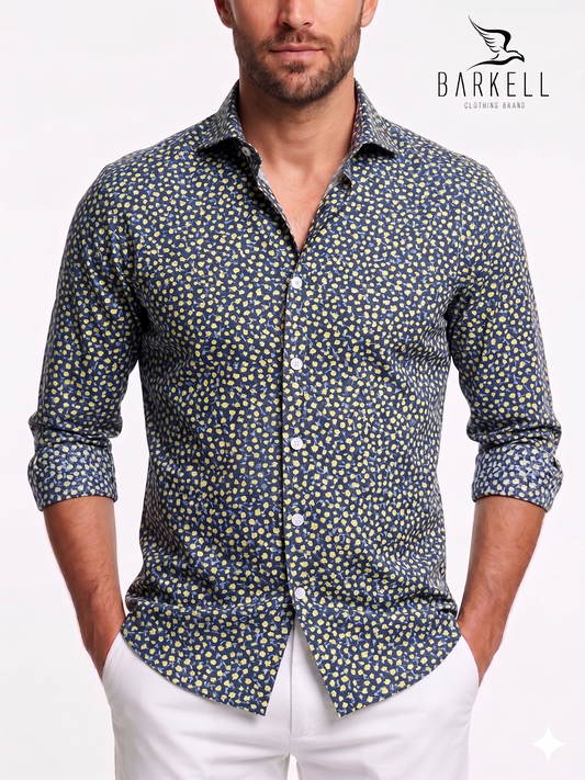 Cotton Shirt with Light Blue and Yellow Flowers Pattern, Petrol Background, Small Spread Collar