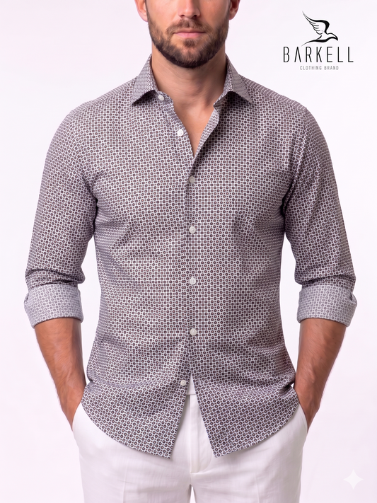 Camicia in Cotone Fantasia Geometrica Marrone e Blu Fondo Bianco Collo Francese