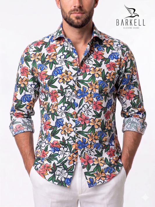 Camicia in Cotone Fantasia Ibisco Multicolore Fondo Bianco Collo Francese Cutaway