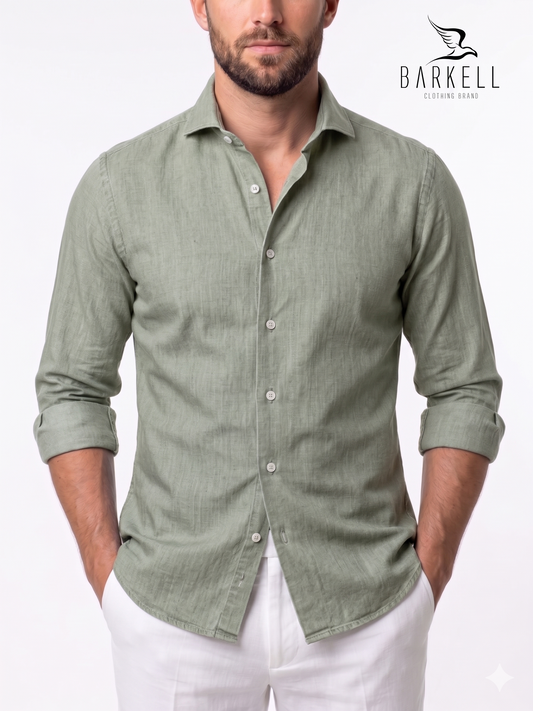 Sage Green Pure Linen Shirt with Cutaway Spread Collar