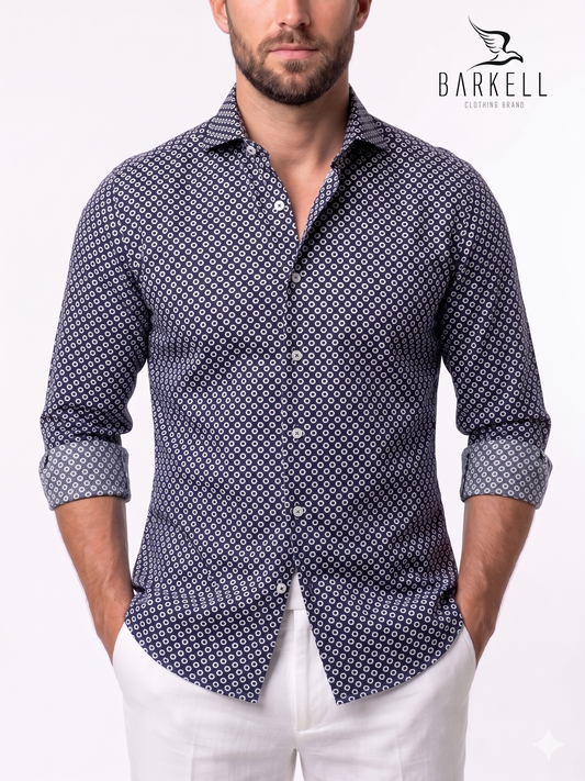 Camicia in Cotone Fantasia Geometrica Nocciola e Bianco Fondo Blu Collo Francese