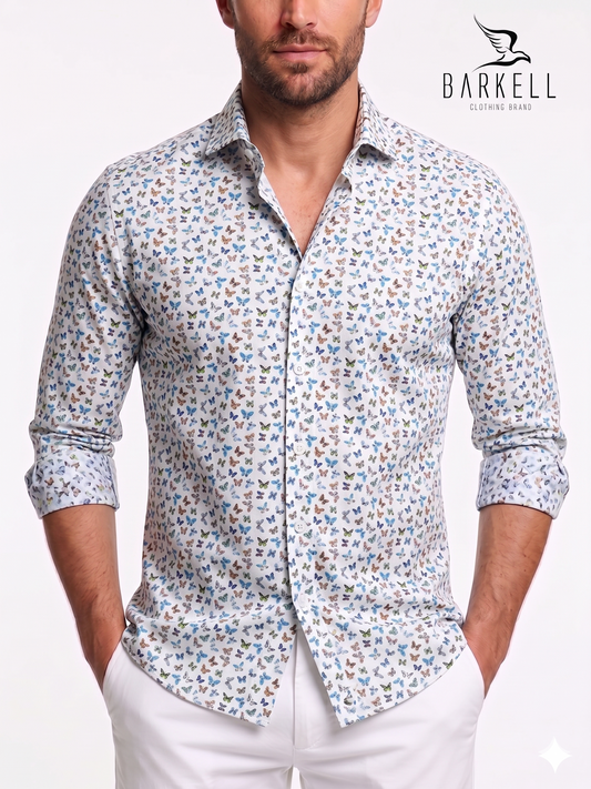 Multicolored Butterfly Pattern Cotton Shirt with White Background. Small spread collar