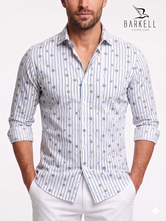 Cotton Shirt with Blue Stripe and Multicolored Flowers Pattern on White Background with Small Spread Collar