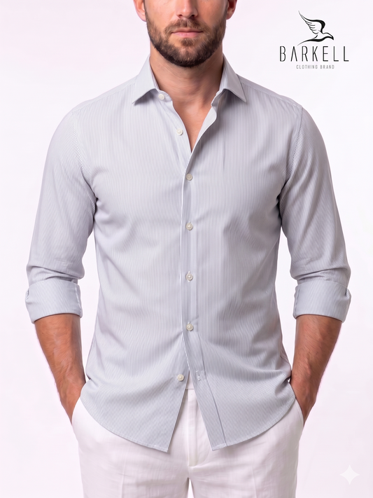 Camicia in Cotone No Stiro Rigata Blu e Bianco Collo Francese