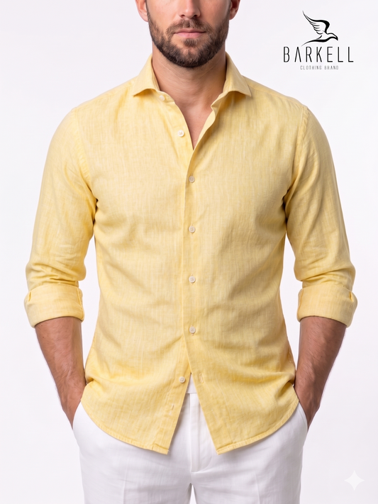 Shirt in Pure Yellow Linen with Cutaway Spread Collar