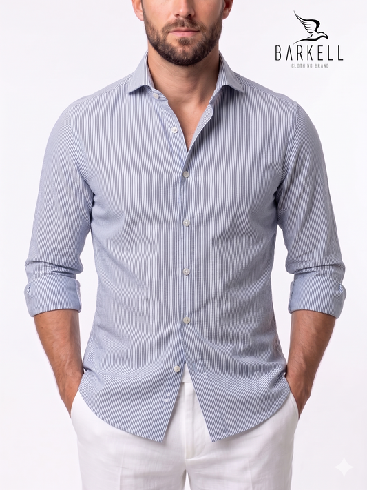 Blue and White Striped Seersucker Cotton Shirt with Cutaway Spread Collar