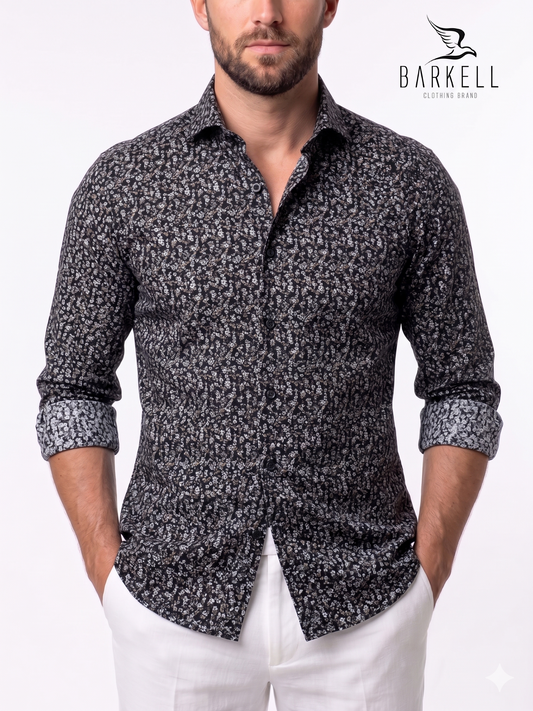 Camicia in Cotone Fantasia Fiorellini Multicolore Fondo Nero Collo Francese Cutaway