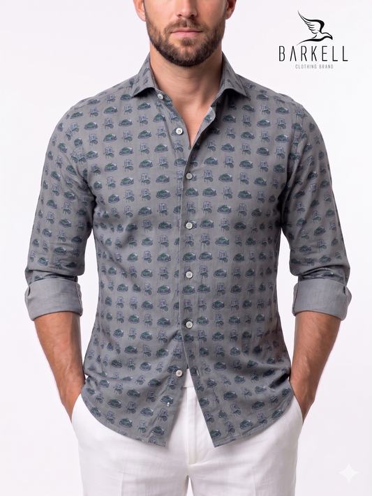 Camicia in Cotone Fantasia Luna Park Verde Fondo Grigio Collo Francese Cutaway