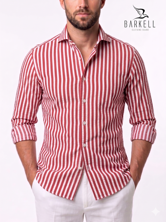 Red and White Striped Seersucker Cotton Shirt with Cutaway Spread Collar