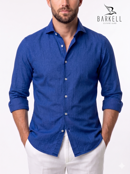 Light Blue Linen Blend Shirt with Cutaway Spread Collar