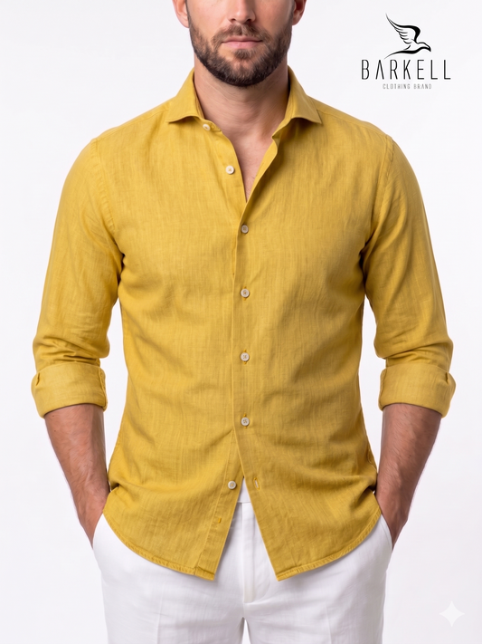 Mustard Yellow Pure Linen Shirt with Cutaway Spread Collar