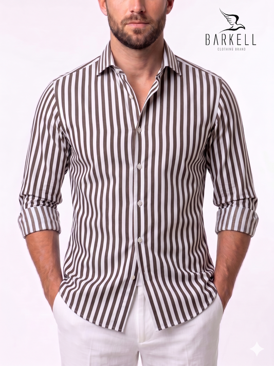 Camicia in Cotone Doppio Ritorto Rigata Marrone e Bianco Collo Francese