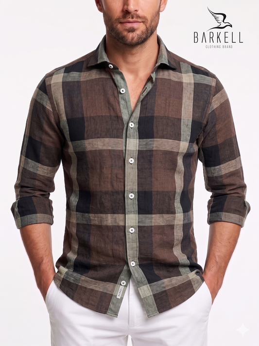 Shirt in Pure Linen Quadrone Multicolor Brown Background Small French Collar