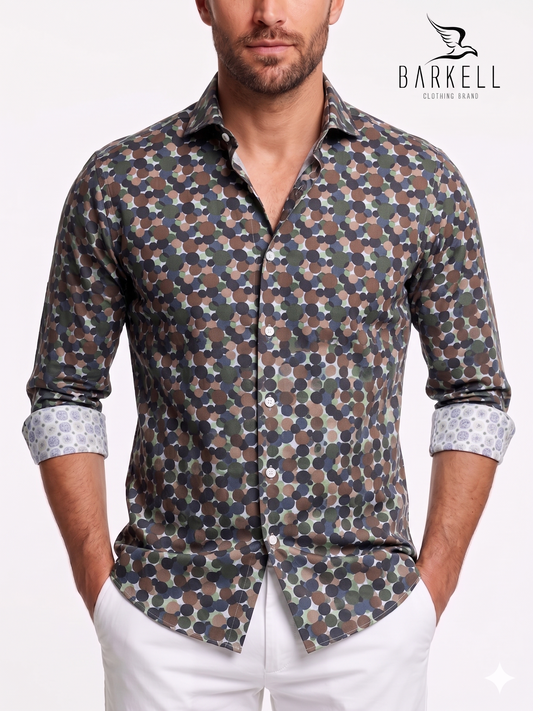 Cotton Shirt with Multicolored Polka Dots Light Blue Background with Small Spread Collar