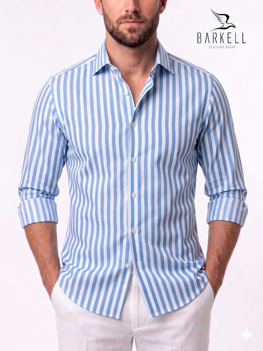 Camicia in Cotone Doppio Ritorto Rigata Celeste e Bianco Collo Francese