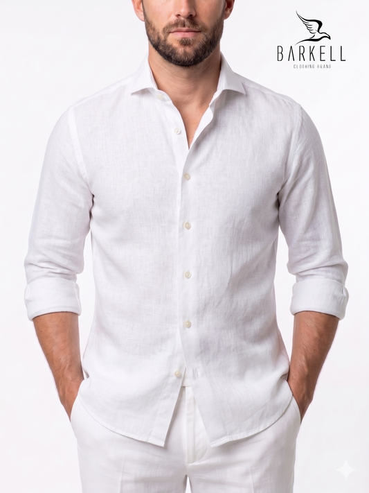 White Linen Blend Cutaway Collar Shirt