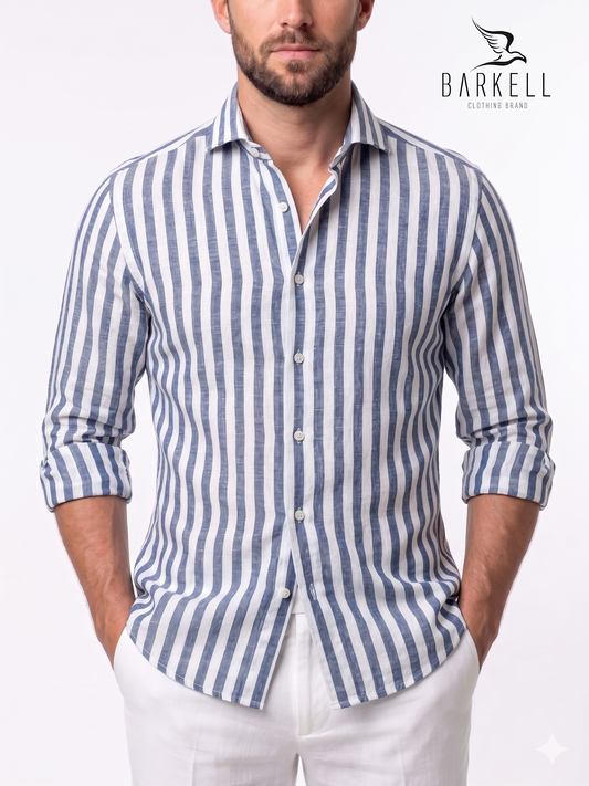 Blue and White Striped Linen Blend Shirt with Cutaway Spread Collar