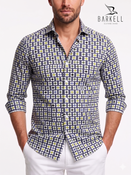 Multicolored Stylized Flower Patterned Cotton Shirt with Blue Background. Small French Collar