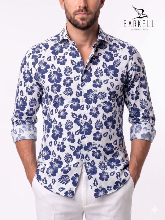 Camicia in Cotone Fantasia Ibisco Indaco Fondo Bianco Collo Francese Cutaway