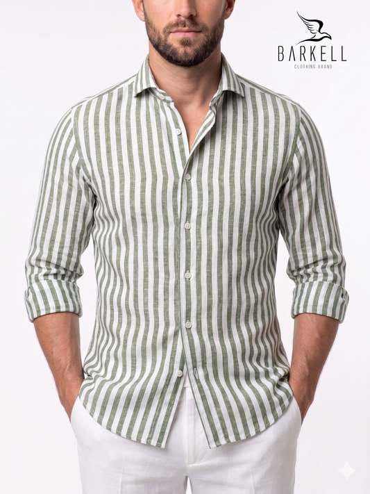 Olive Green and White Striped Linen Blend Shirt with Cutaway Spread Collar