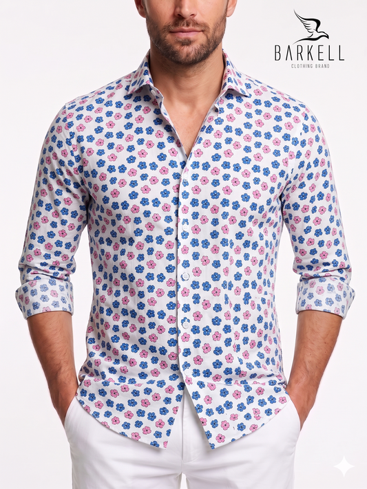 Cotton Shirt with Pink and Blue Flowers Pattern on White Background with Small Spread Collar