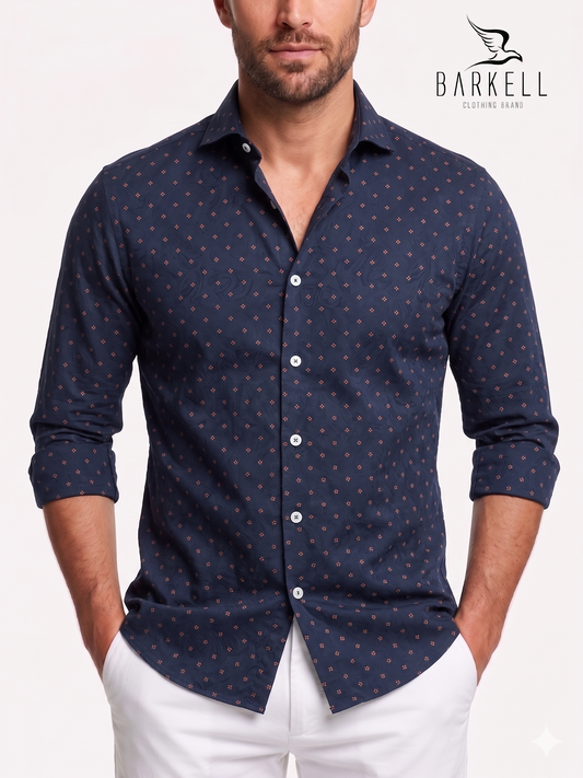 Jacquard Cotton Shirt with Salmon Geometric Pattern on a Blue Background with Small Spread Collar