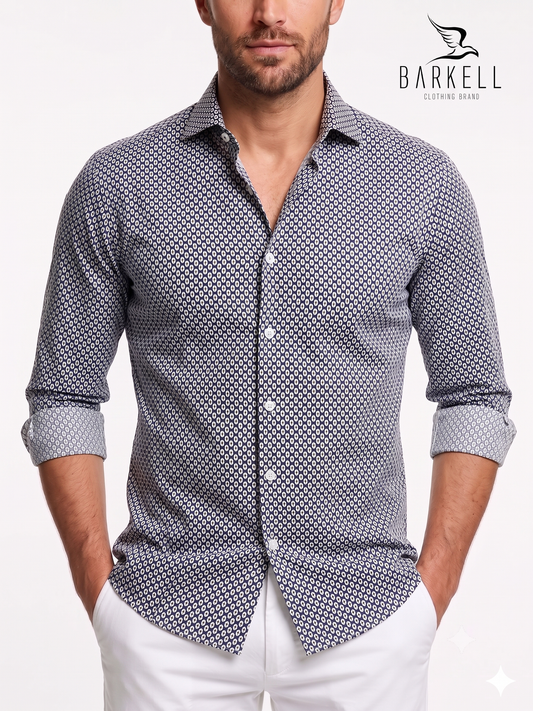 Camicia in Cotone Fantasia Geometrica Marrone Fondo Blu Collo Francese Piccolo