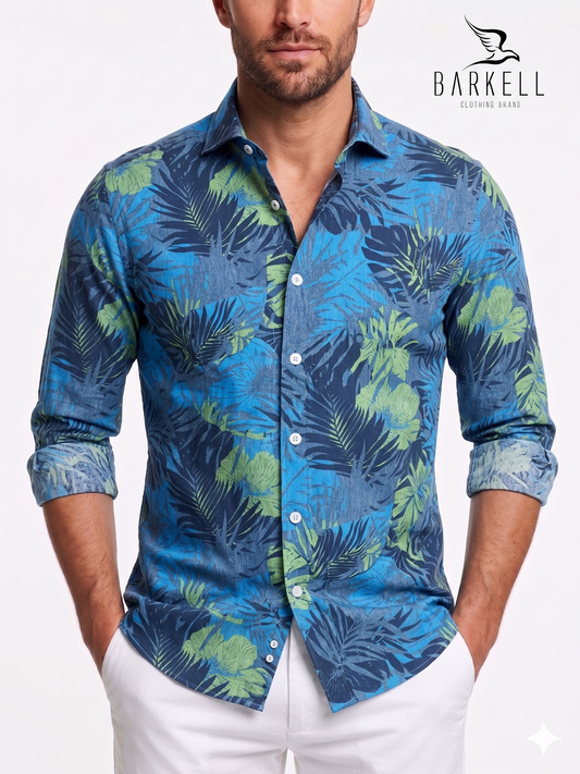 Tropical Palm Pattern Cotton Shirt Multicolored Bottom Small Spread Collar