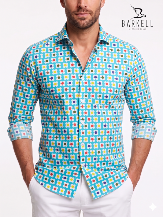 Cotton Shirt with Multicolored Stylized Flower Pattern. Turquoise Background. Small spread collar