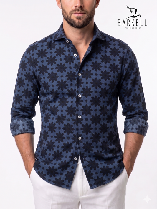 Camicia in Cotone Jeans Fantasia Fiore Blu Fondo Denim Collo Francese Piccolo