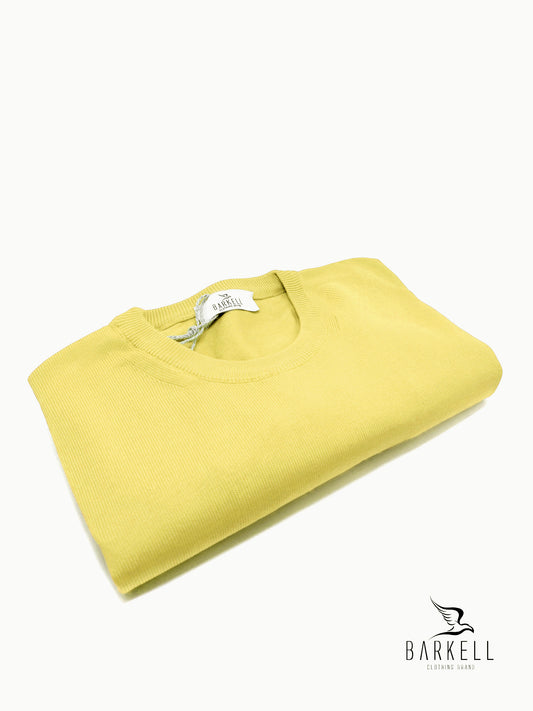 Maglia Girocollo in Puro Cotone Rasato Color Giallo Paglierino