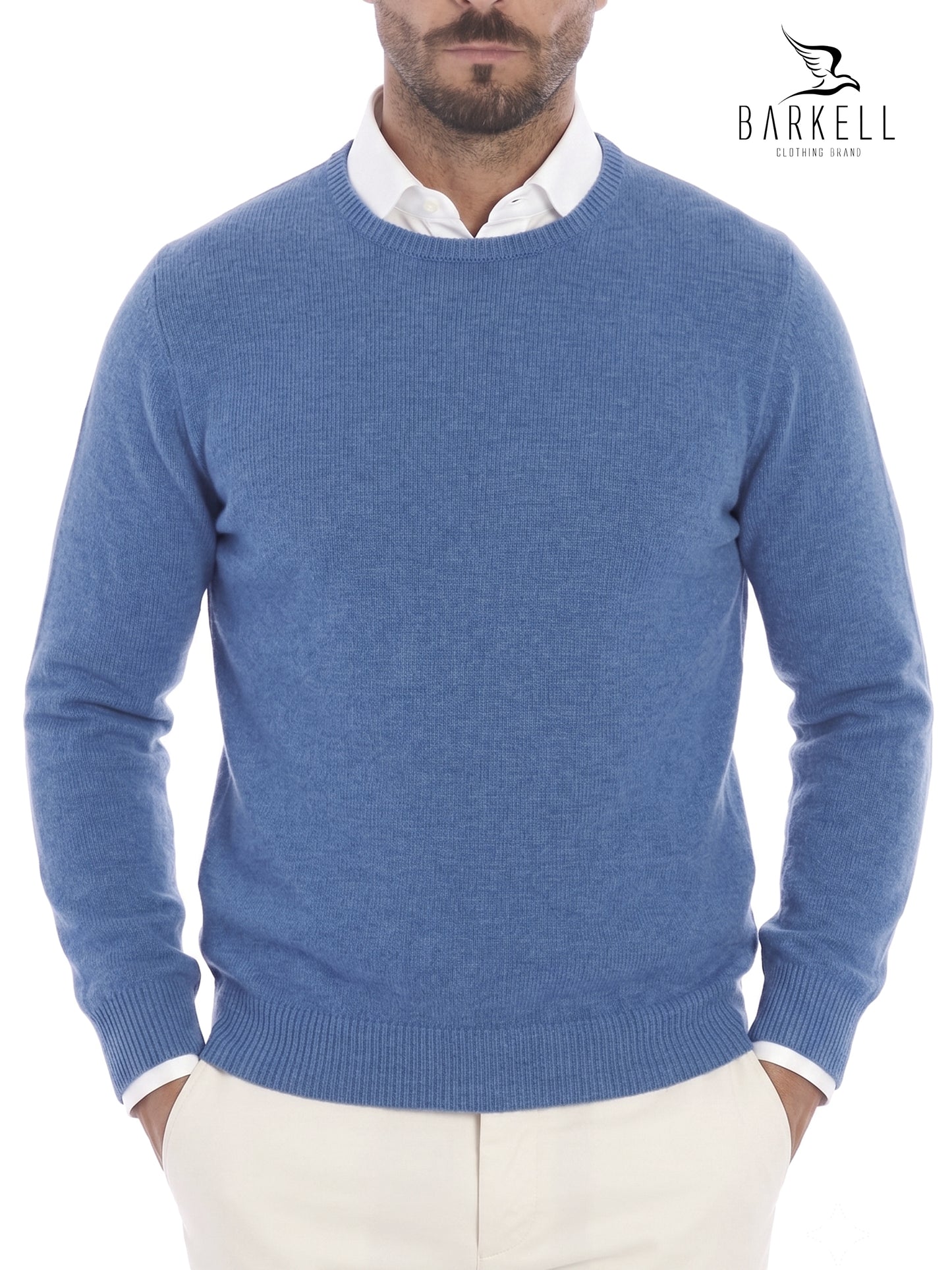 Pull col rond en laine mélangée avec 5% cachemire de couleur noyer