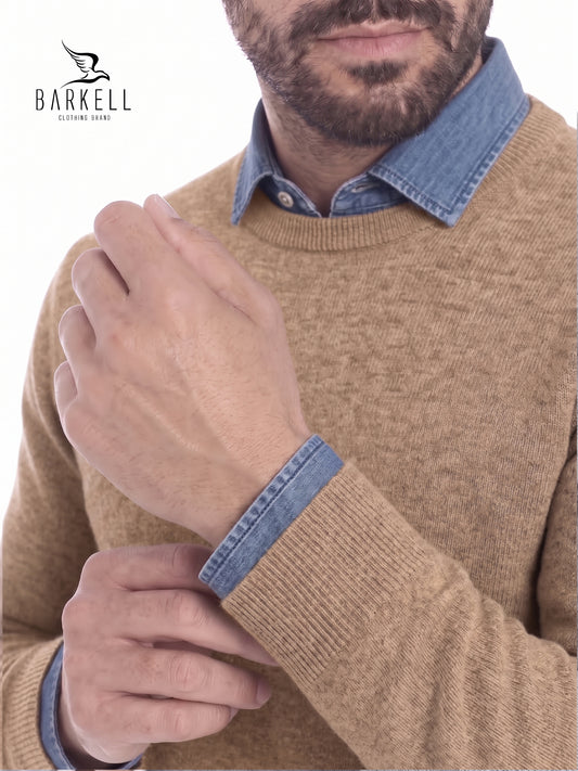 Pull col rond camel en laine mélangée avec 10% cachemire