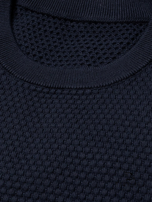 Crewneck Cob Stitch Sweater in Blue Wool Blend