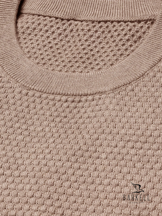 Cob Stitch Crew Neck Sweater in Camel Color Wool Blend