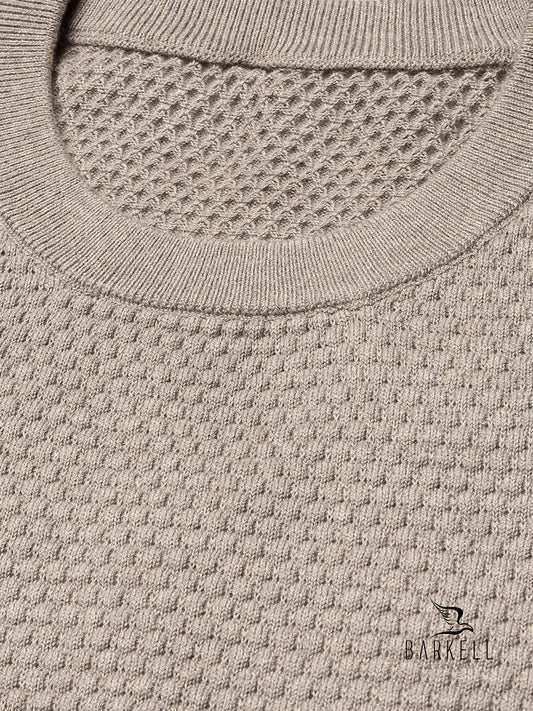 Crew-neck cob stitch sweater in sand-colored wool blend