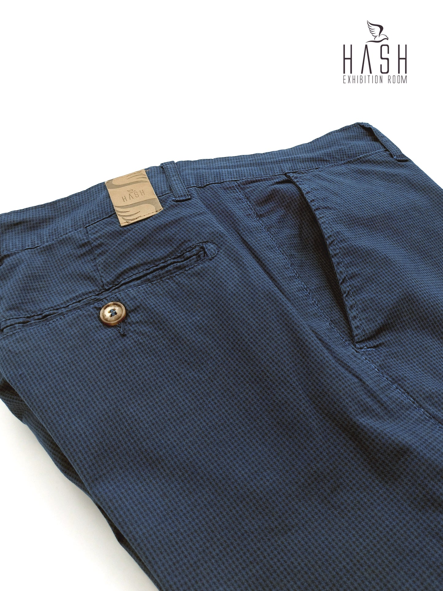 Pantalone Indaco Modello Chinos in Cotone Microfantasia Geometrica Blu