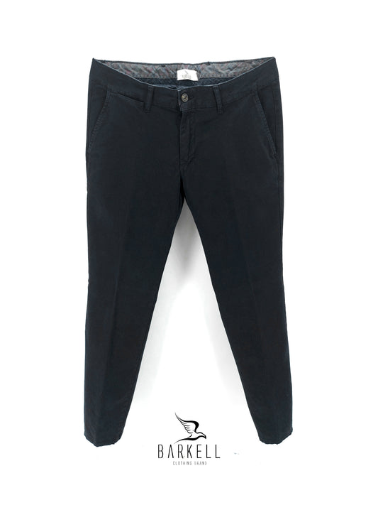 Pantalone Blu Modello Chinos in Cotone Cannettato Diagonale