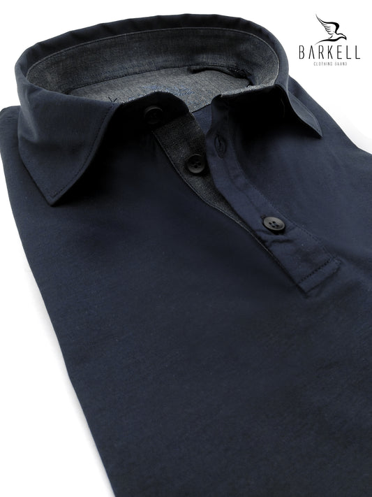 Polo con Collo Camicia in Filo di Scozia Color Blu