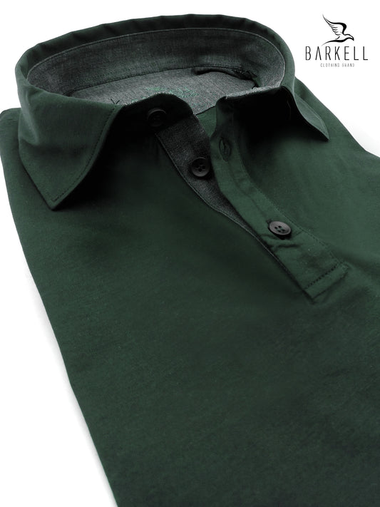 Polo con Collo Camicia in Filo di Scozia Color Verdone