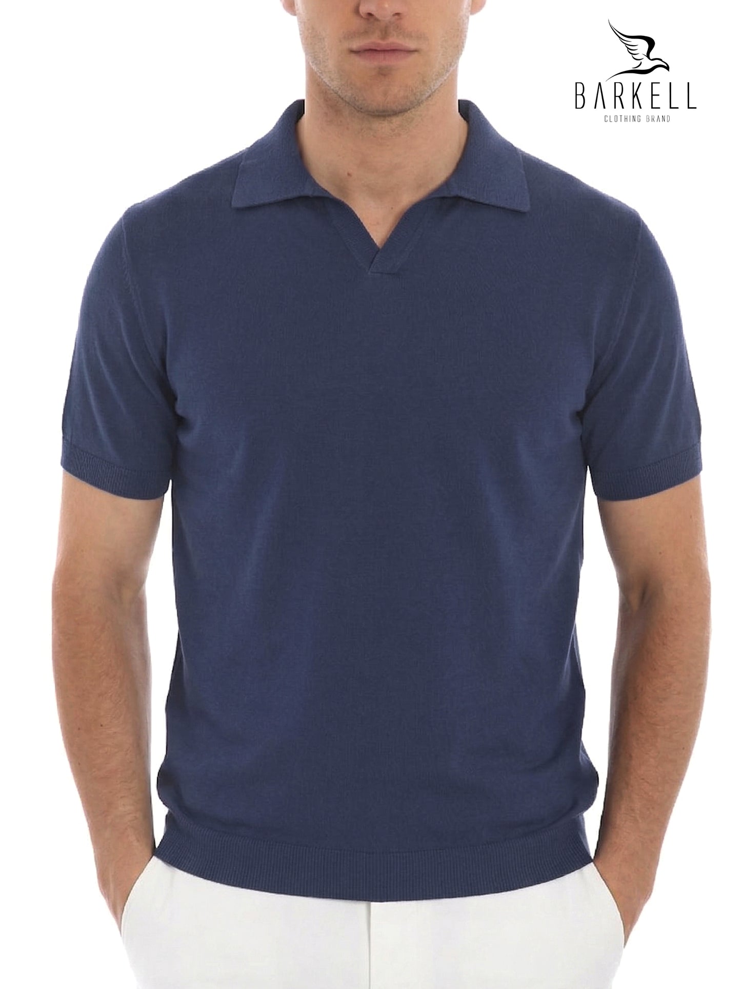 Polo in Maglia Mezza Manica Collo Derby in Puro Cotone Leggero Color Avio