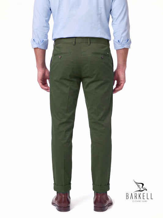 Pantalone Verde Militare Modello Chinos in Cotone Raso