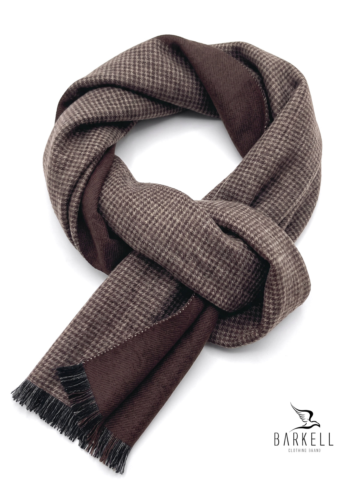 Sciarpa in Poliviscosa Effetto Lana Fantasia Jacquard Pied de Poule Fondo Marrone